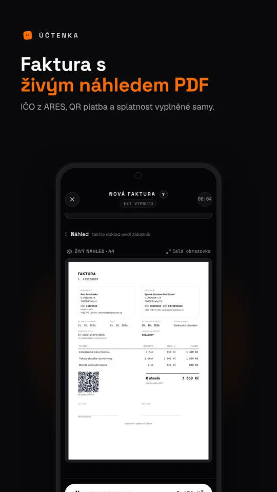 Nová faktura s živým náhledem PDF, údaji odběratele a QR kódem pro platbu.