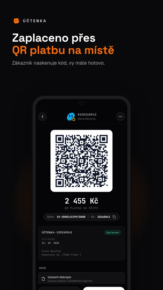 Účtenka zaplacená QR platbou na místě: velký QR kód a částka 2 455 Kč.